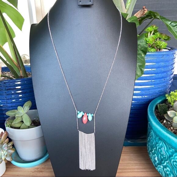 Chico’s Silver Coral & Turquoise Beading StatementNecklace - Picture 4 of 6